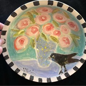Hand painted Ceramic Serving Bowl 10”x5.5” Roses with Crow Original design